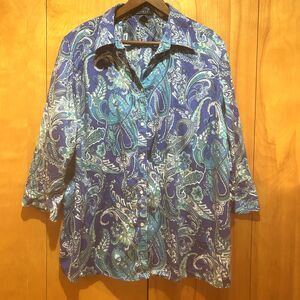 Lauren Ralph Lauren Button Up Shirt Womens 2X Blue Green‎ Paisley Artsy Preppy